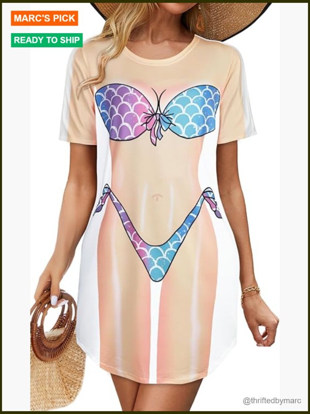 Women's Printed Beach Cover Up T-Shirt Dress Short Sleeve Baggy Swimsuit Coverup